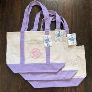 NWT Trader Joe's New Large Cream and Lavender Canvas Tote Bag Set of 3